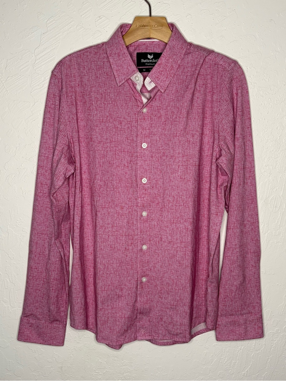 ButterCloth Men M Dark Pink Icy Cotton Long Sleeve Button Up Slim Fit Crosshatch
